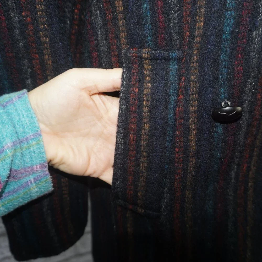 Vintage 70s Rainbow Vertical Striped Wool Pea Coat Small - Picture 3 of 9